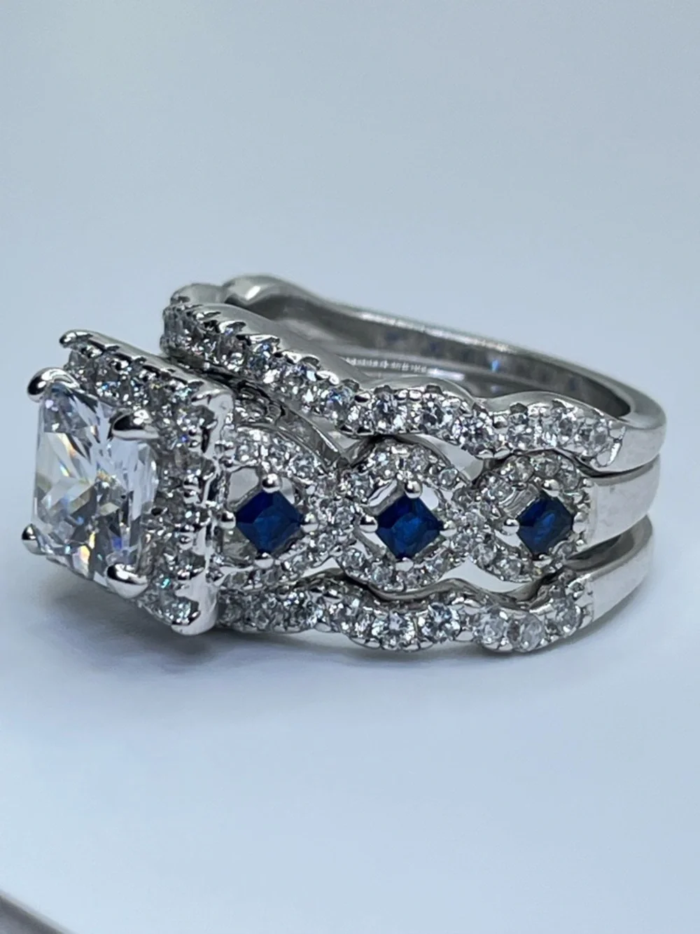 925 Sterling Silver Cushion Cut Diamond Sapphire R3 Band Wedding Ring‎ Set 5